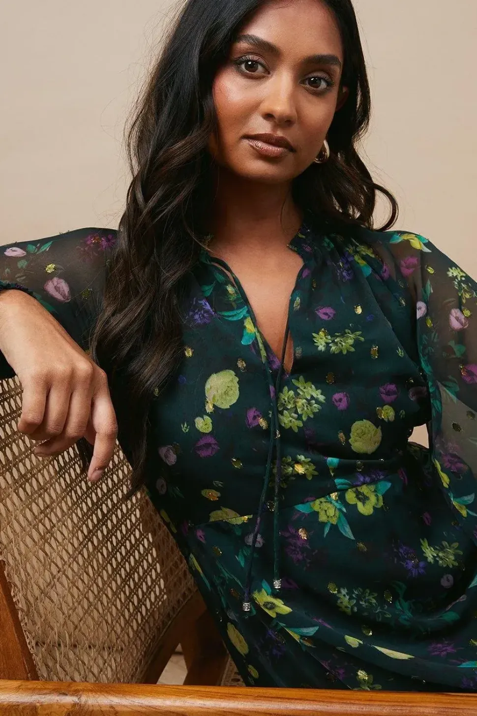 Occasion Floral Metallic Spot Tiered Midaxi Dress