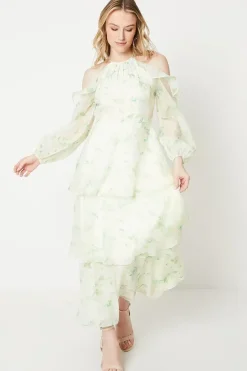 Occasion Floral Organza Cold Shoulder Midi Dress