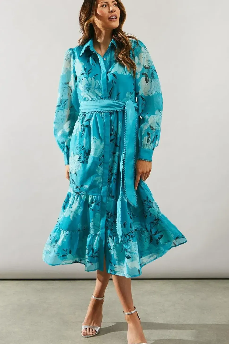 Occasion Floral Organza Tiered Shirt Dress
