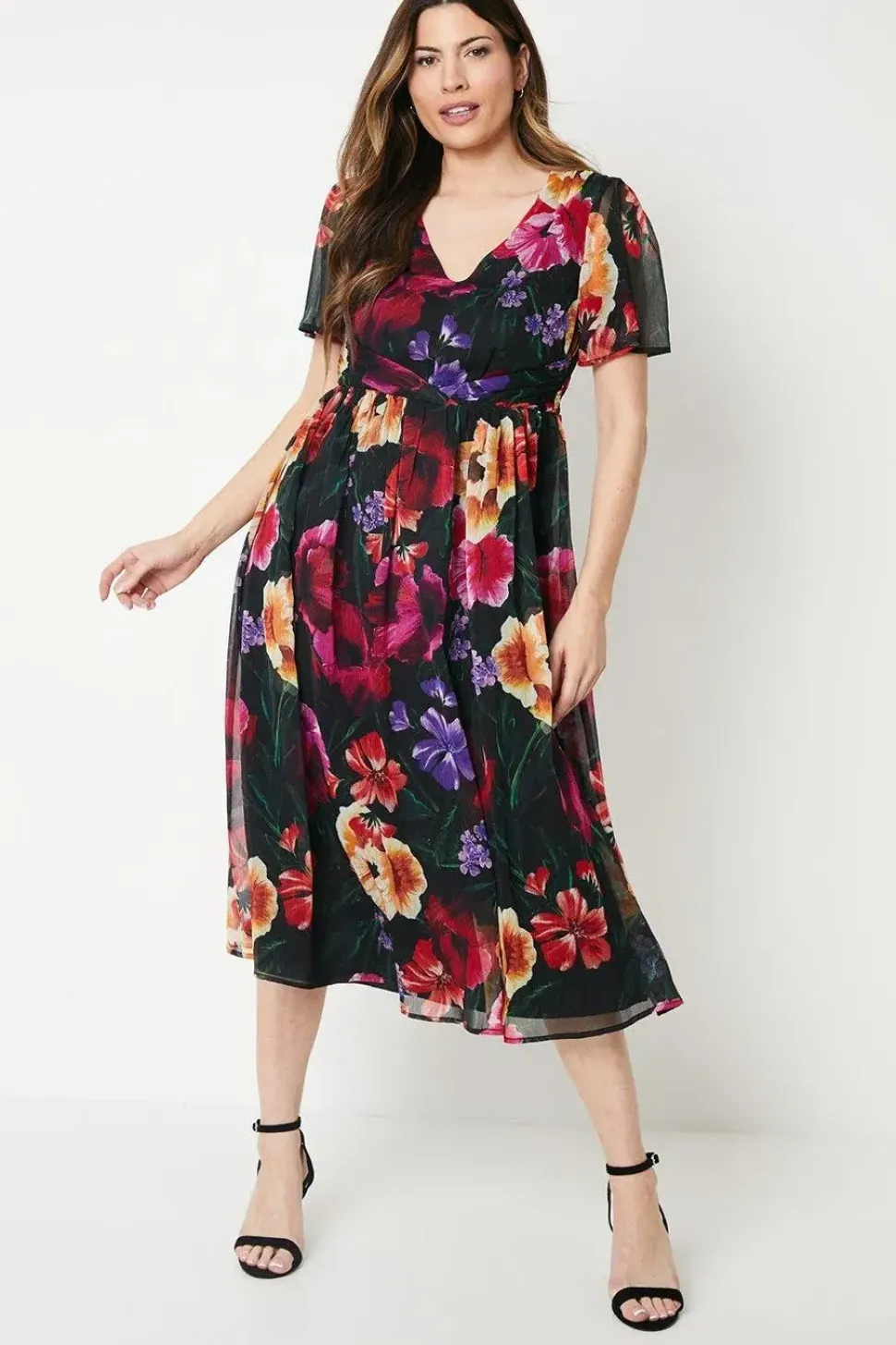 Occasion Floral Pleated Waist Midi Dress