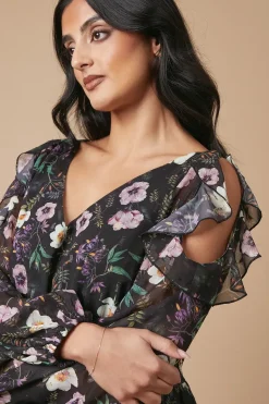 Occasion Floral Printed Metallic Cold Shoulder Midaxi Dress