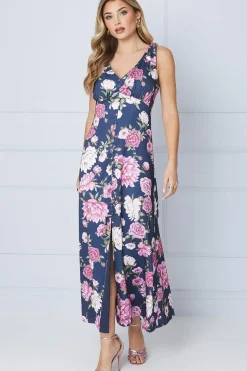 Occasion Floral Satin Button Midi Dress