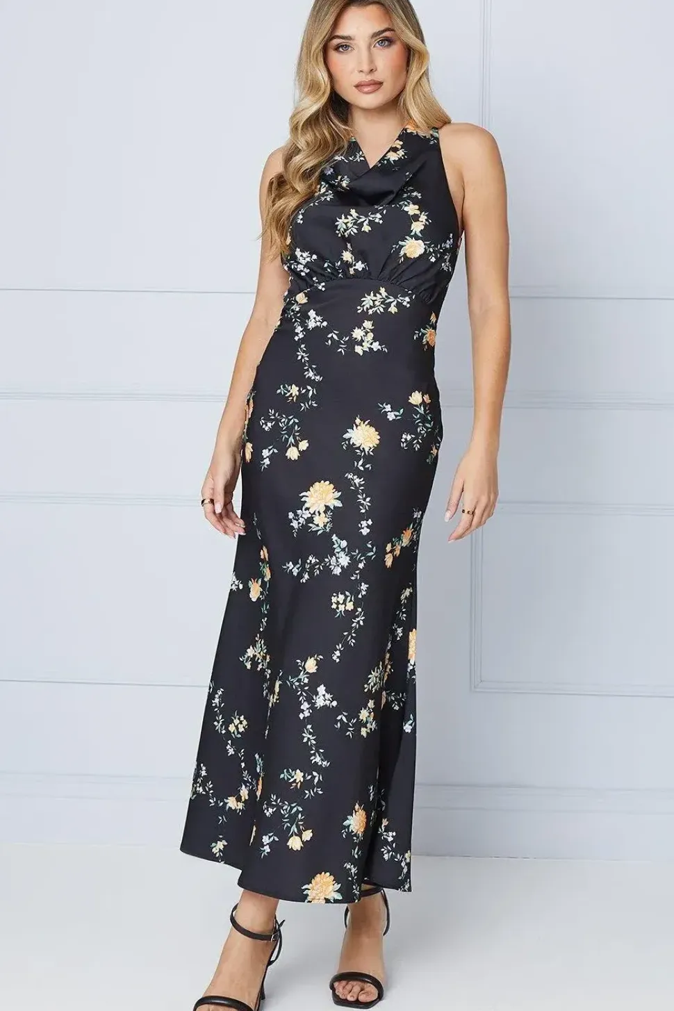 Occasion Floral Satin Cross Back Midi Dress