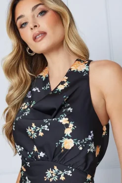Occasion Floral Satin Cross Back Midi Dress