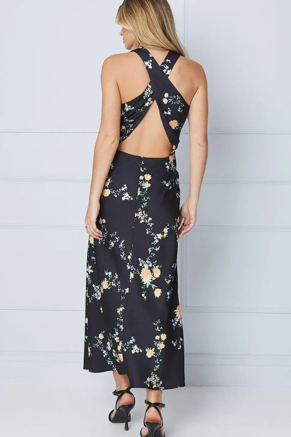 Occasion Floral Satin Cross Back Midi Dress