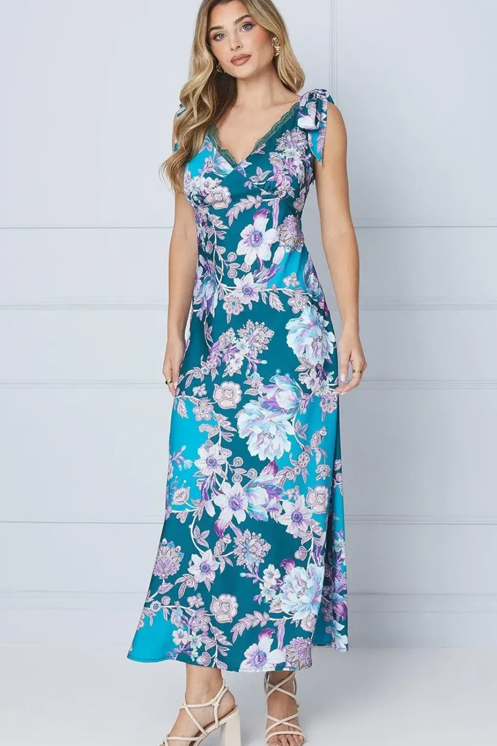Occasion Floral Satin Lace Insert Midi Dress