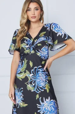 Occasion Floral Satin Twist Angel Sleeve Midi Dress