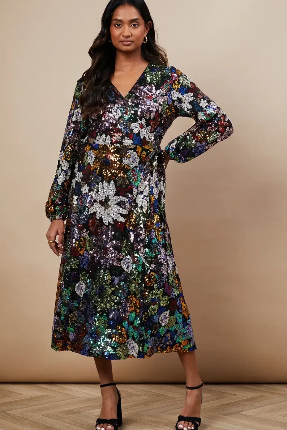 Occasion Floral Sequin Wrap Midi Dress