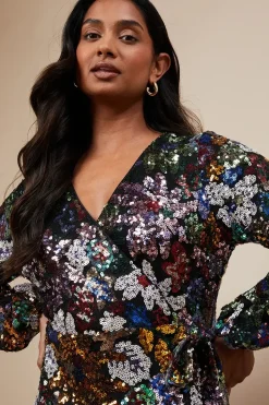 Occasion Floral Sequin Wrap Midi Dress