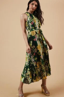 Occasion Floral Stripe Pleated Midi Dress