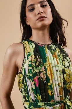 Occasion Floral Stripe Pleated Midi Dress
