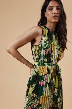 Occasion Floral Stripe Pleated Midi Dress