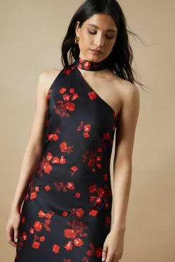 Occasion Floral Tie Neck Bias Maxi Dress