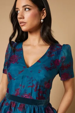 Occasion Floral Tiered Velvet Trim Midi Dress
