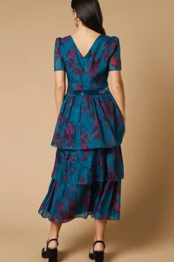 Occasion Floral Tiered Velvet Trim Midi Dress