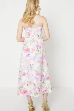 Occasion Floral Twill Strapless Midi Dress