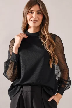 Occasion High Neck Mesh And Lace Trim Blouse