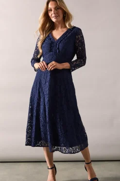Occasion Lace Ruffle Front Crop Sleeve Midi Dress