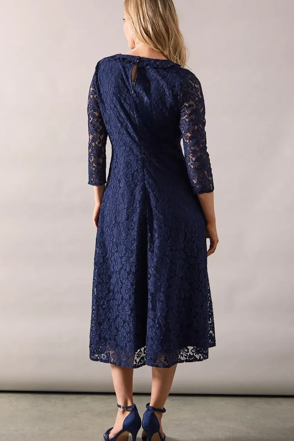 Occasion Lace Ruffle Front Crop Sleeve Midi Dress