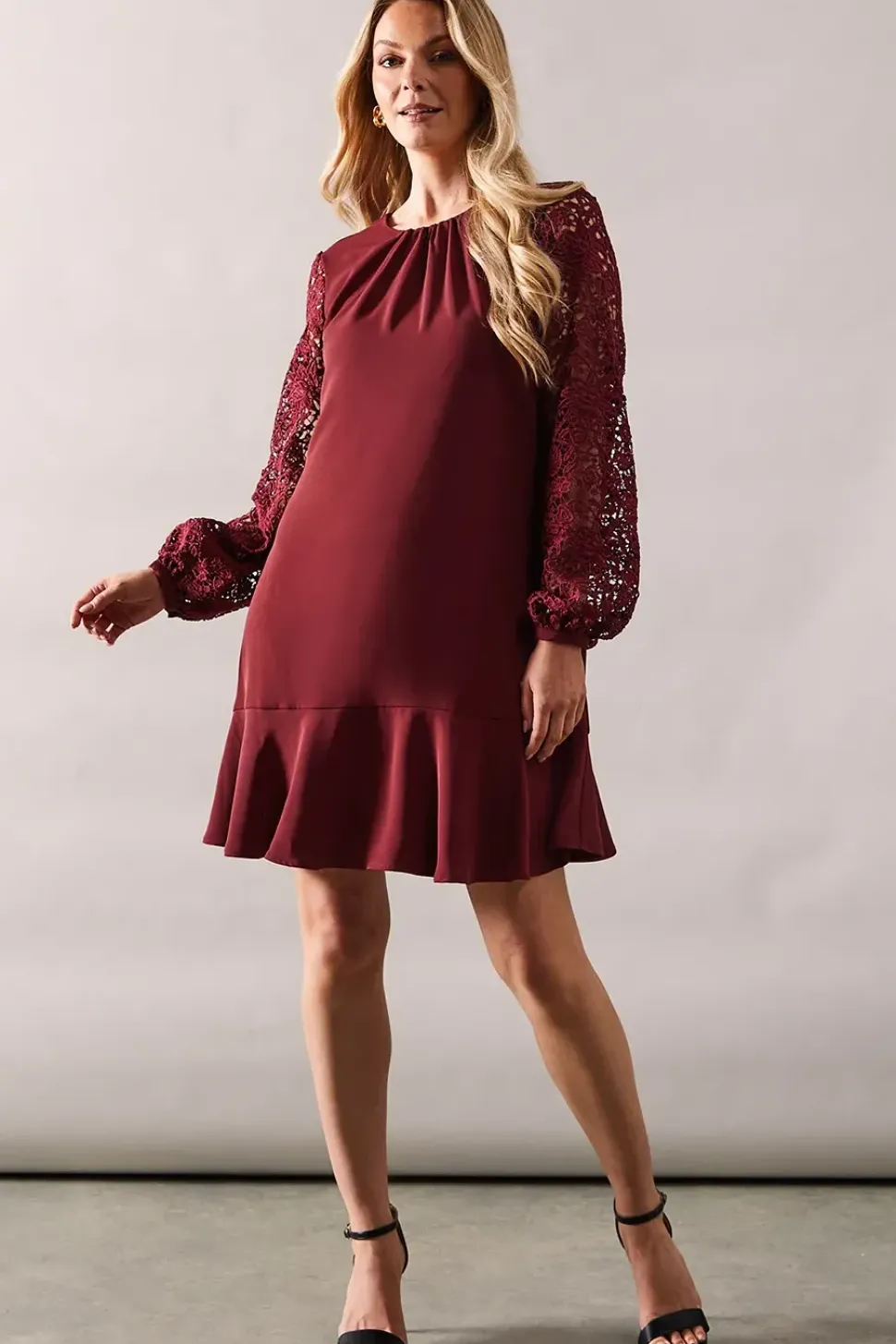 Occasion Lace Sleeve Drop Hem Shift Dress