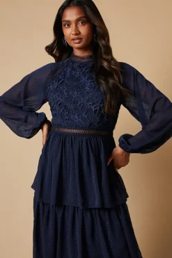 Occasion Lace Trim Dobby Chiffon Tiered Midaxi Dress