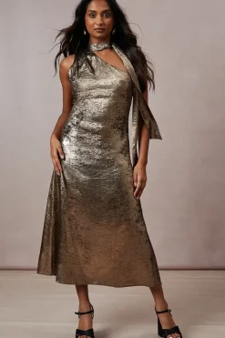 Occasion Metallic Bias Cut Tie Neck Midaxi Dress