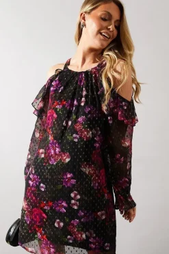 Occasion Metallic Floral Ruffle Shift Dress