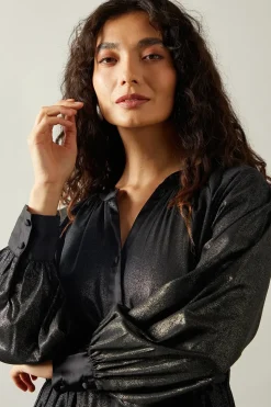 Occasion Metallic Foil Satin Shirt Dress