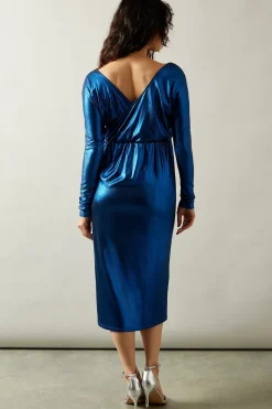 Occasion Metallic Jersey Wrap Pencil Dress