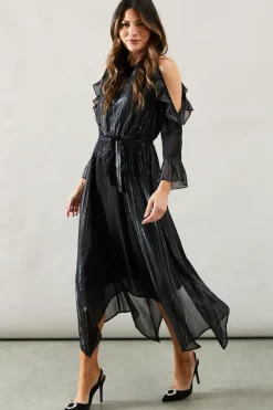 Occasion Metallic Stripe Cold Shoulder Midi Dress