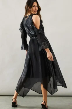 Occasion Metallic Stripe Cold Shoulder Midi Dress
