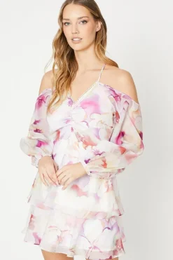 Occasion Pink Floral Organza Cold Shoulder Mini Dress