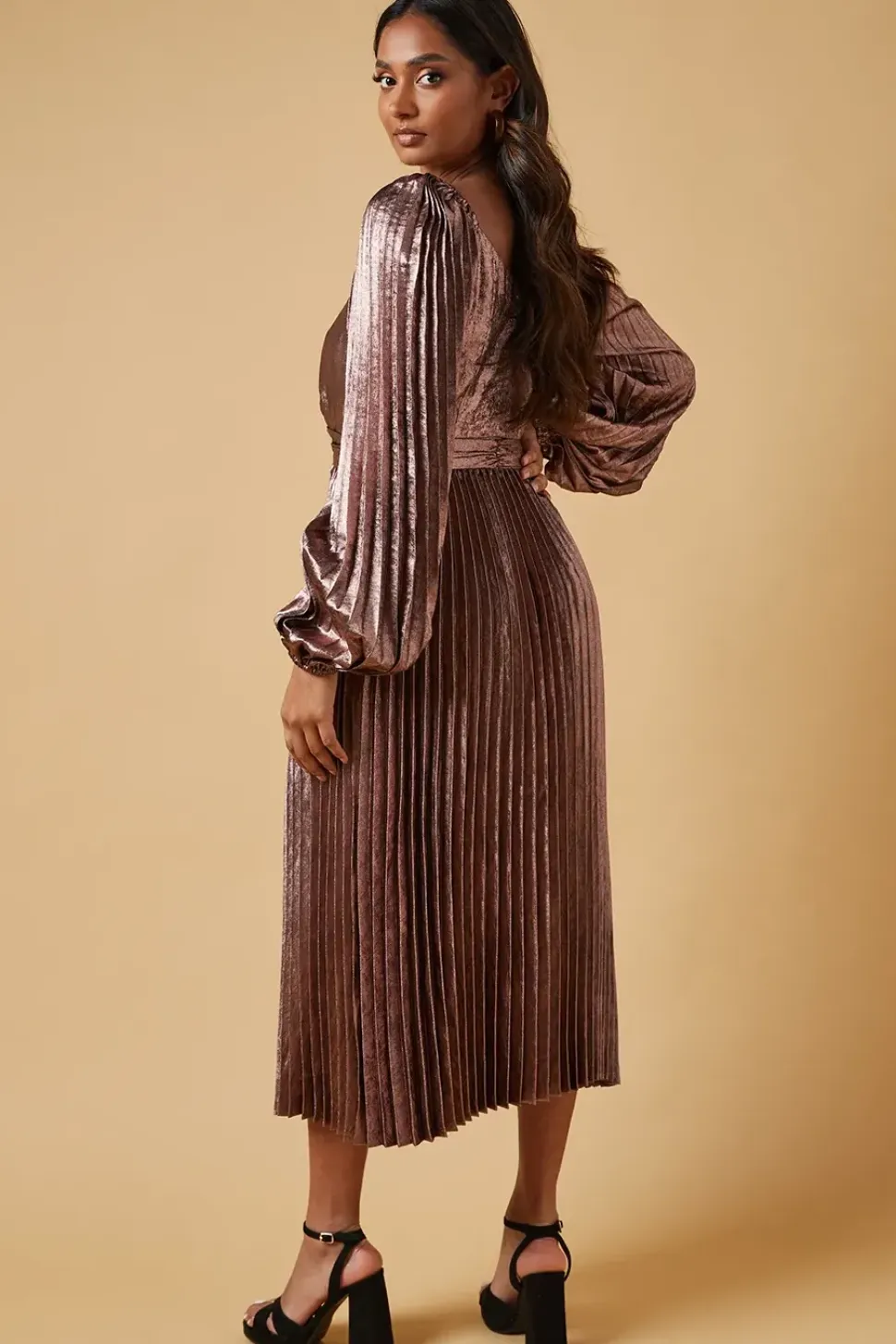Occasion Pleated Metallic Midi Dress