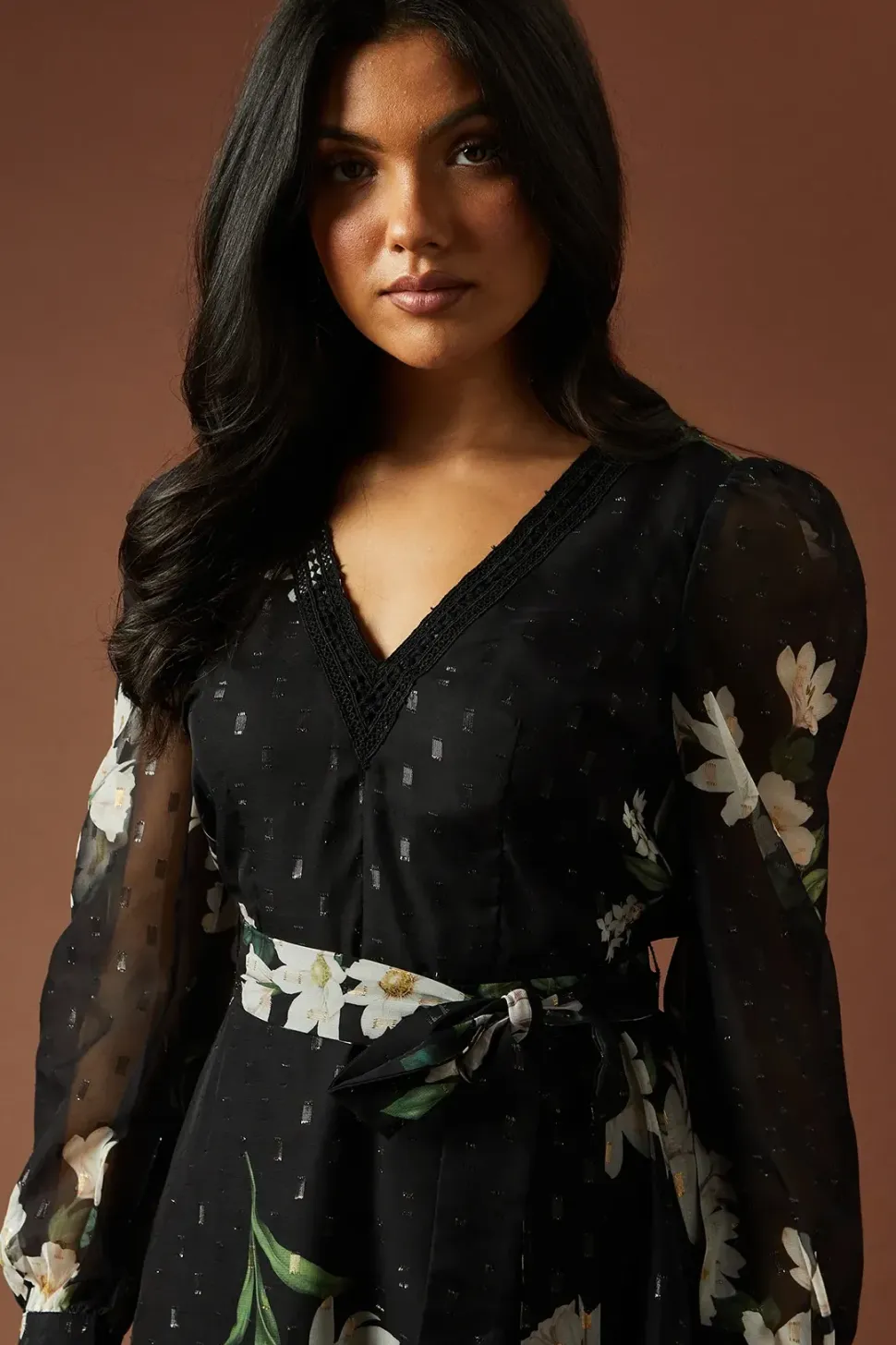 Occasion Printed Metallic V Neck Belted Ruffle Mini Dress