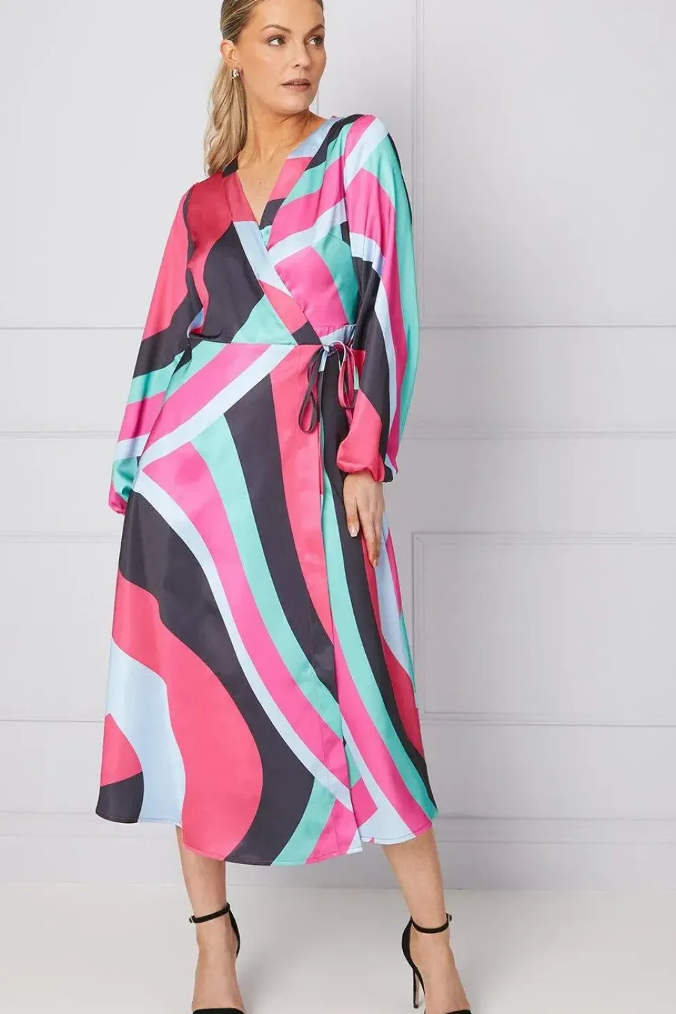 Occasion Printed Satin Wrap Midi Dress
