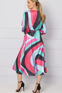 Occasion Printed Satin Wrap Midi Dress