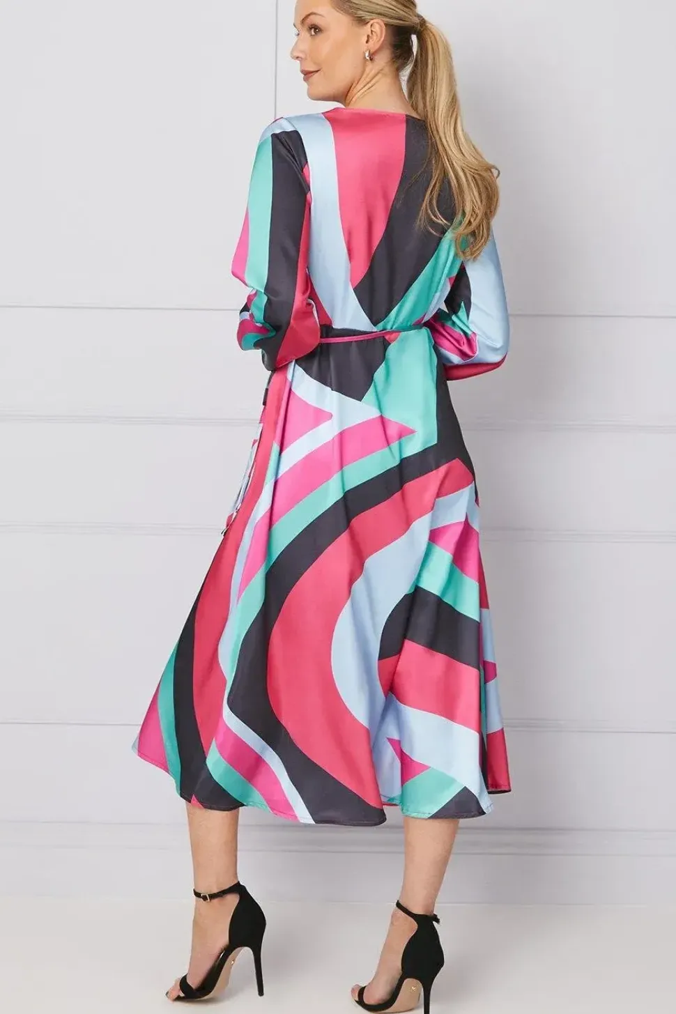 Occasion Printed Satin Wrap Midi Dress
