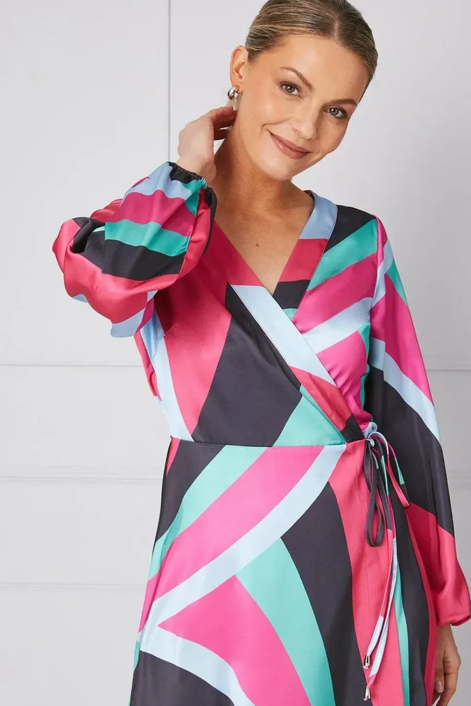Occasion Printed Satin Wrap Midi Dress