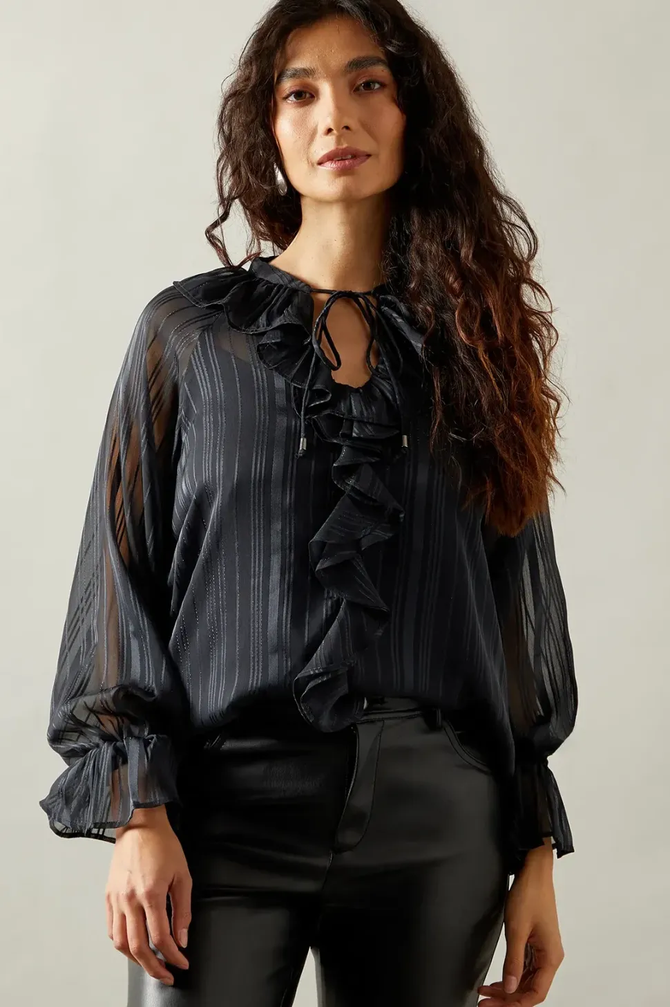 Occasion Ruffle Tie Neck Metallic Blouse