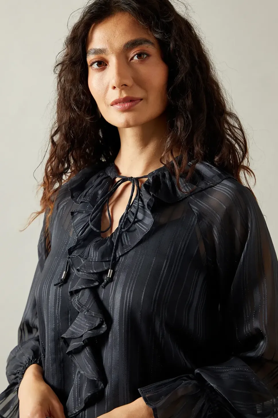 Occasion Ruffle Tie Neck Metallic Blouse
