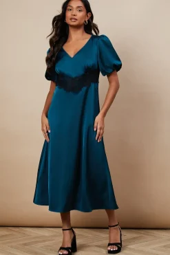 Occasion Satin Lace Waist Midi Dress