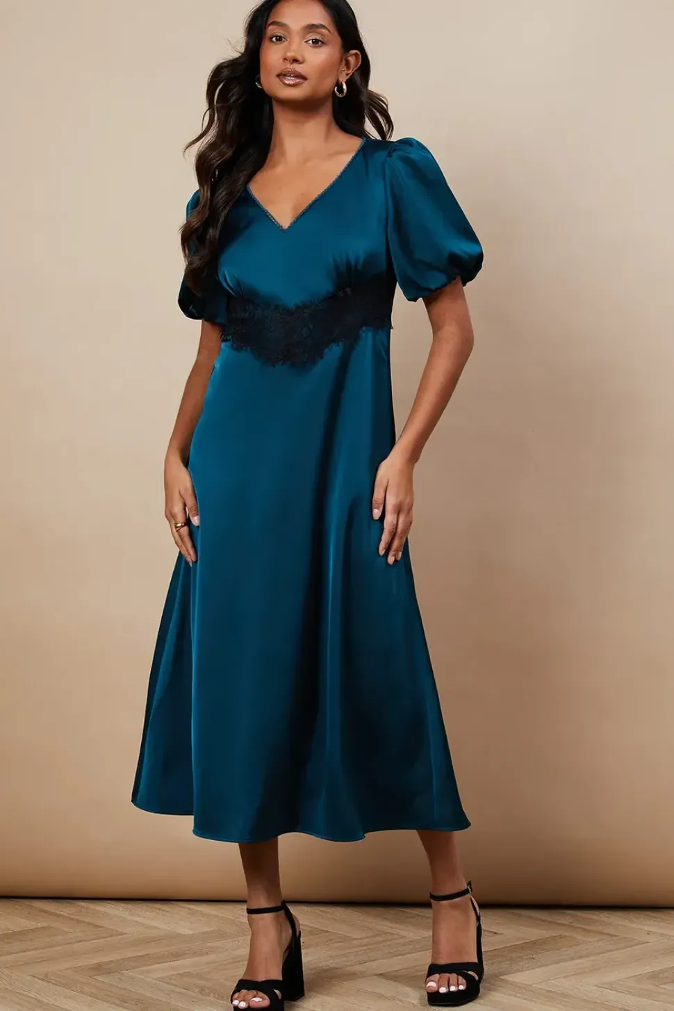 Occasion Satin Lace Waist Midi Dress