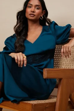 Occasion Satin Lace Waist Midi Dress