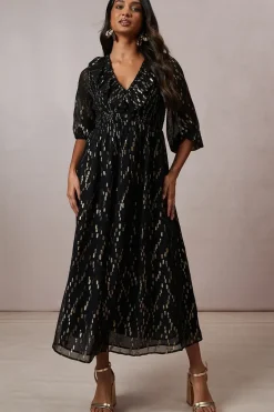 Occasion Shirred Ruffle Metallic Midi Dress