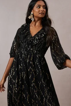 Occasion Shirred Ruffle Metallic Midi Dress