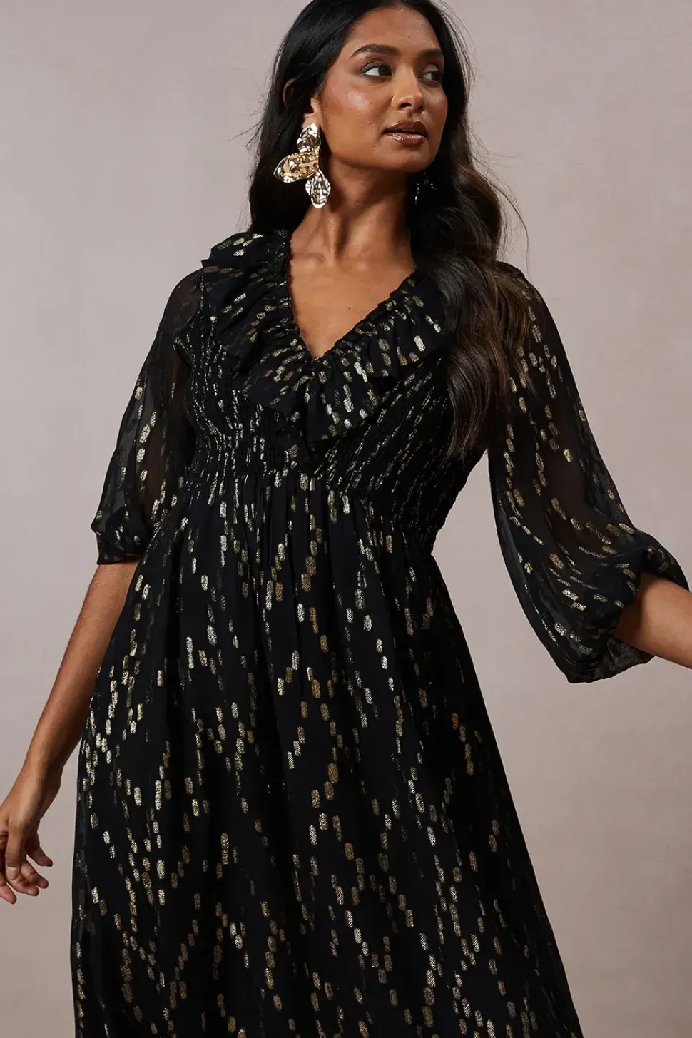 Occasion Shirred Ruffle Metallic Midi Dress