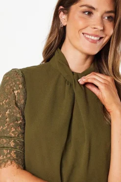Occasion Twist Neck Lace Sleeve Blouse