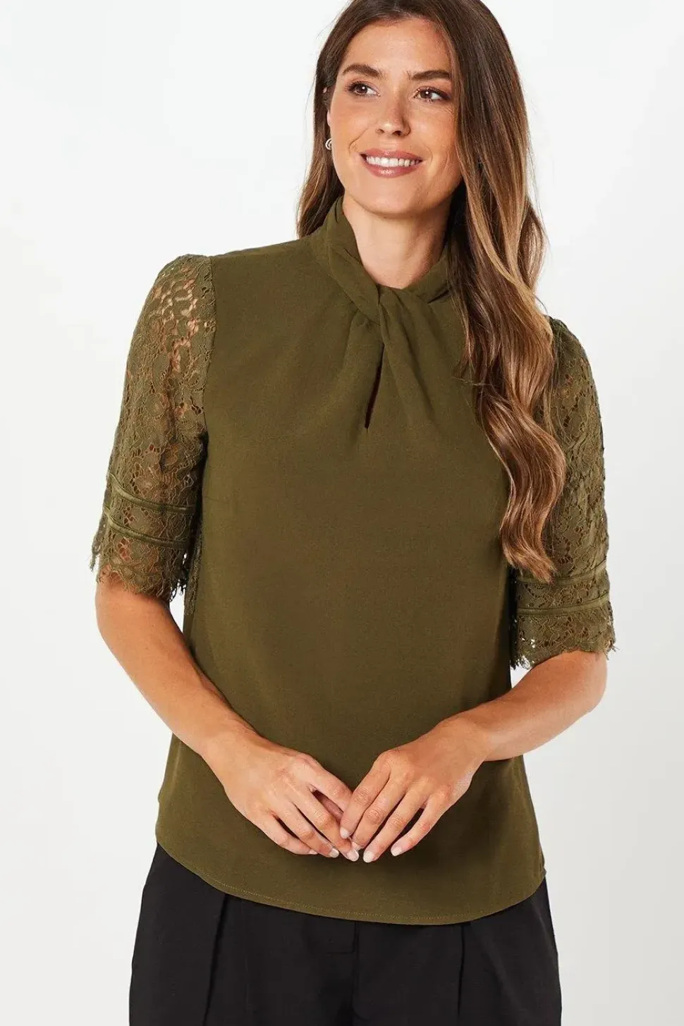 Occasion Twist Neck Lace Sleeve Blouse