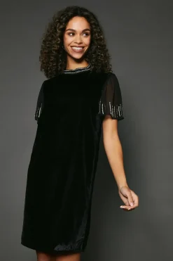 Occasion Velvet Embellished Sequin Split Sleeve Shift Dress