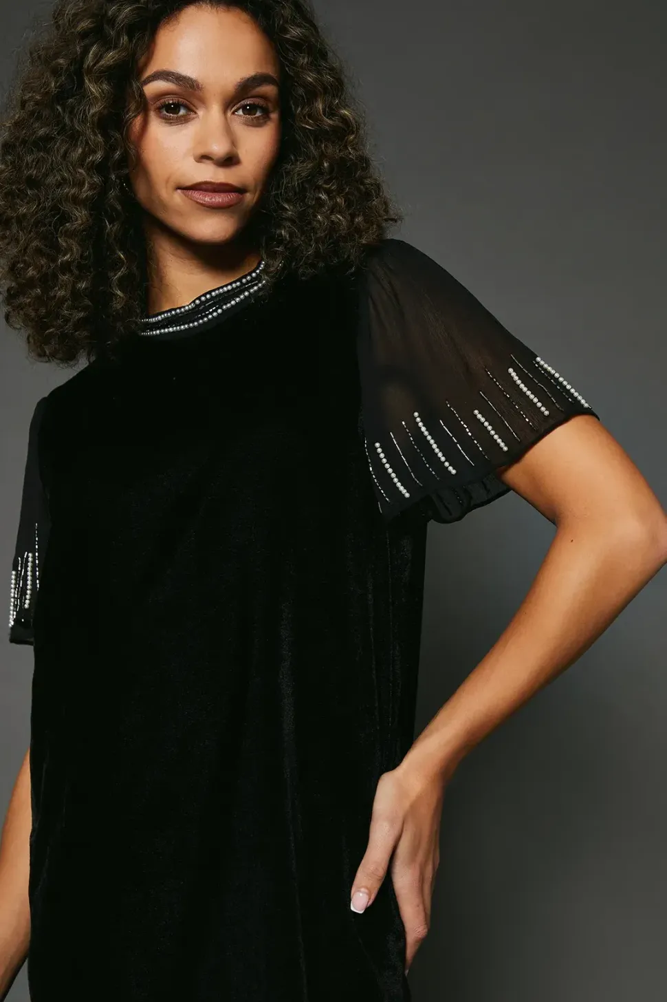 Occasion Velvet Embellished Sequin Split Sleeve Shift Dress